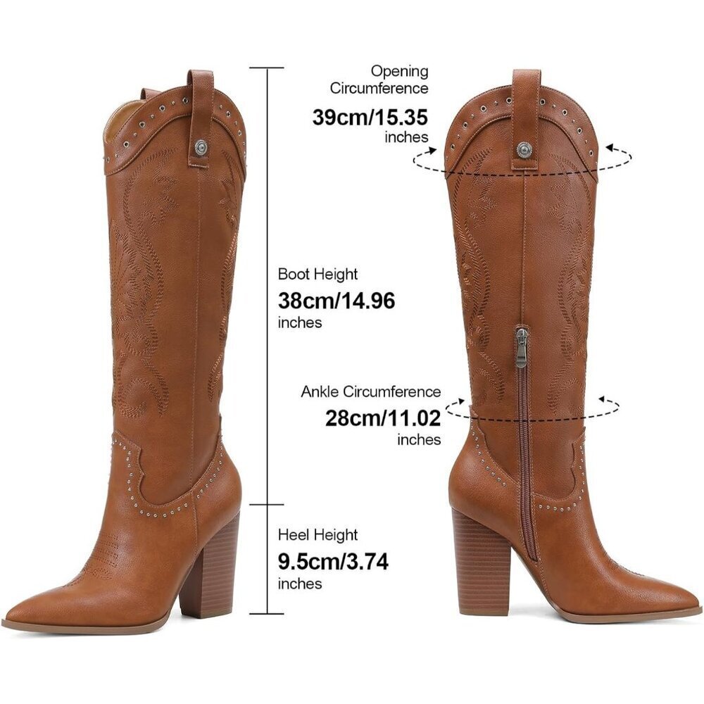 Women 2 Brown Embroidered Pointed Toe Knee High Western Chunky Heels Boots - Picture 4 of 7